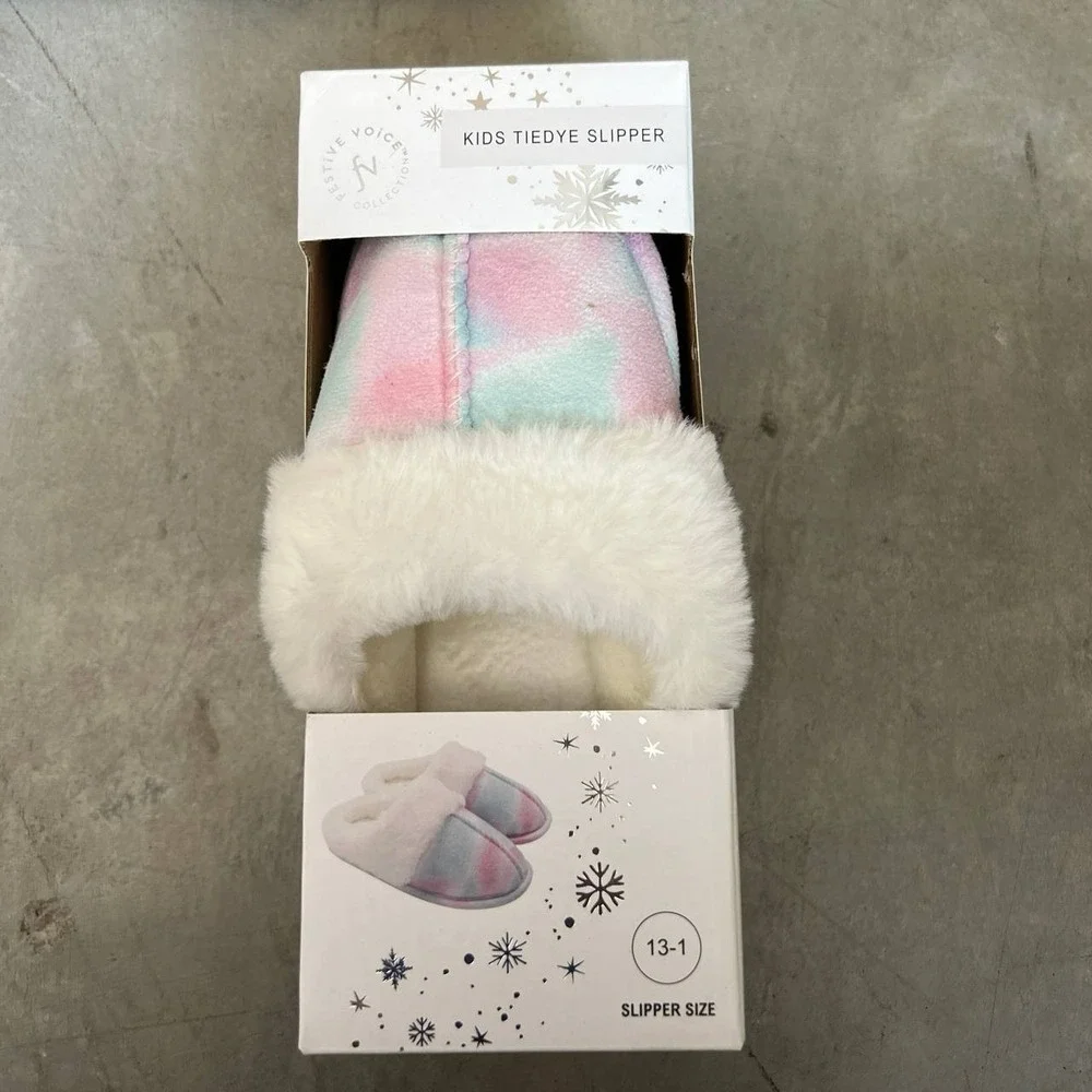 Festive Voice‎ Collections Unisex Kids Tie Dye Slip-On Faux Fur Slippers Sz 13-1
